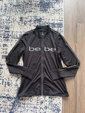 bebe Black Full-Zip Track Jacket with Silver Logo and Piping